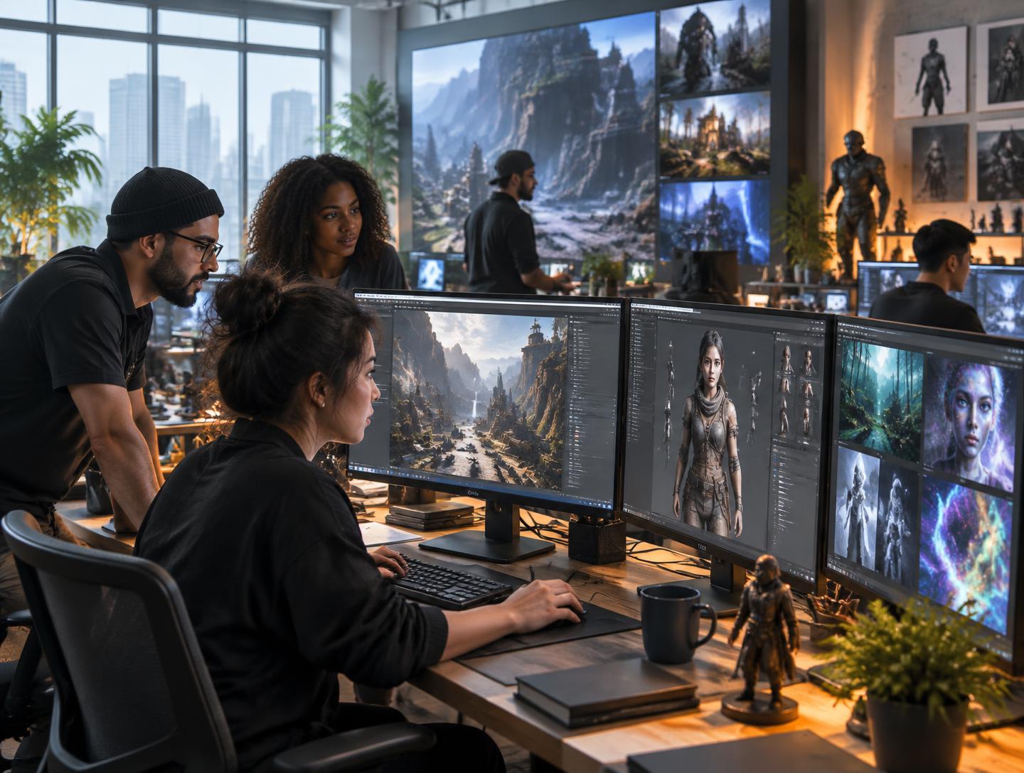 Creative technology professionals developing game worlds and 3D characters